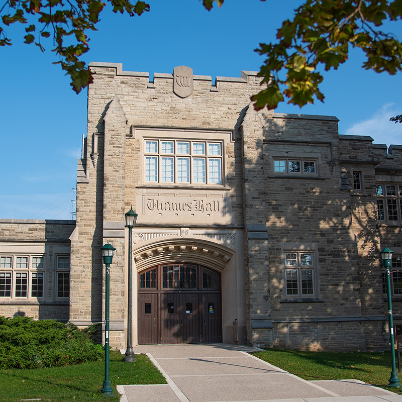 An Exterior shot of the front of Thames Hall, on a sunny day.