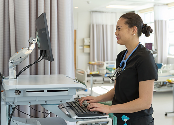 A nursing student entering notes into a computer.