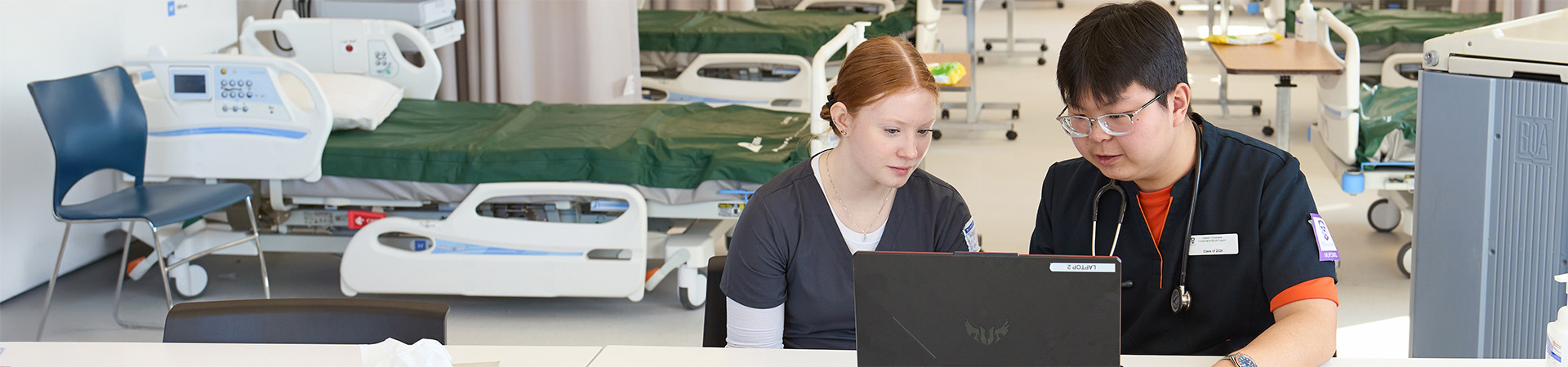 Two nursing students working on a laptop.