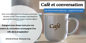 Image of coffee cup with heading reading "café et conversation"