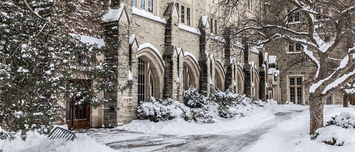 A shot of Middlesex College's entrance in the winter with snow all around it
