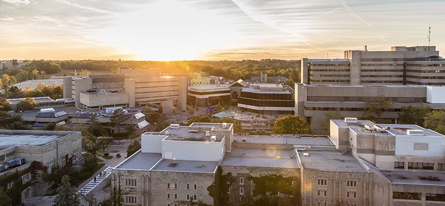 Aerial view of Western University as the sunrises