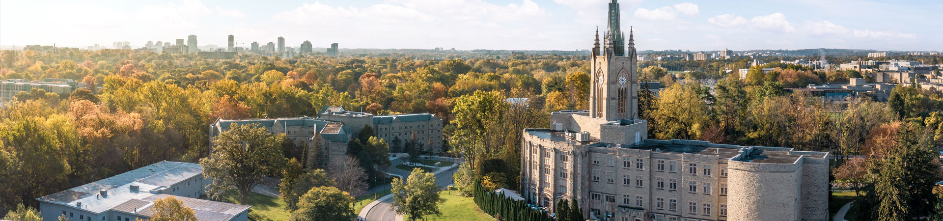 aerial of Middlesex College basking in the sun with views east of Delware Hall and fall colours