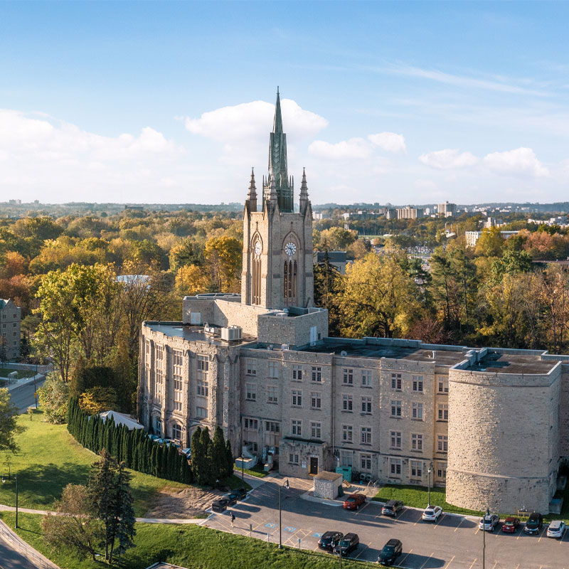 aerial of Middlesex College basking in the sun with views east of Delware Hall and fall colours