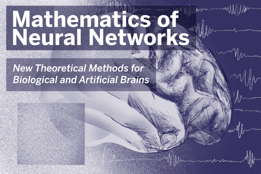 Picture of a brain, text: Mathematics of Neural Networks: New Theoretical Methods for  Biological and Artificial Brains