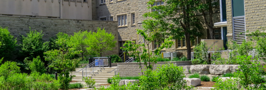 Outdoors on campus in the spring