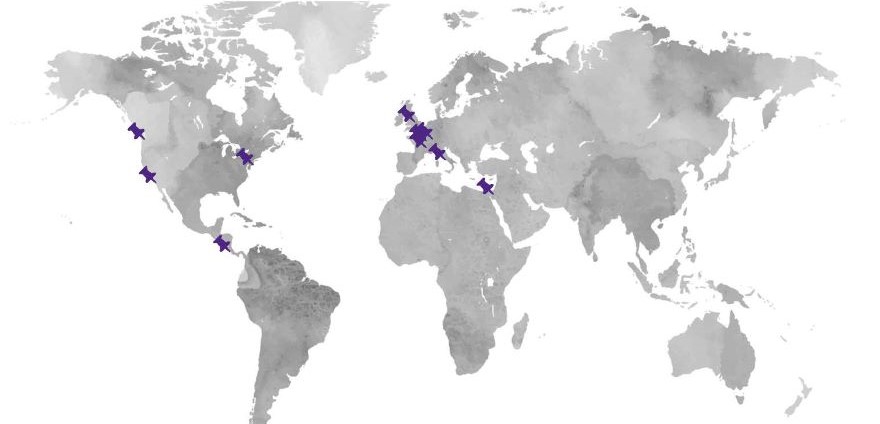 a map of the world showing the home locations of our current and previous visiting fellows