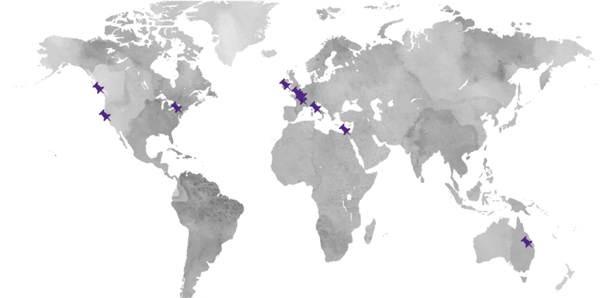 a map of the world showing home locations for past and current Visiting Fellows in western Canada, United States, United Kingdom, France, Italy, Australia, Israel