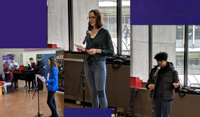 A mosaic of photos of students at a music performance