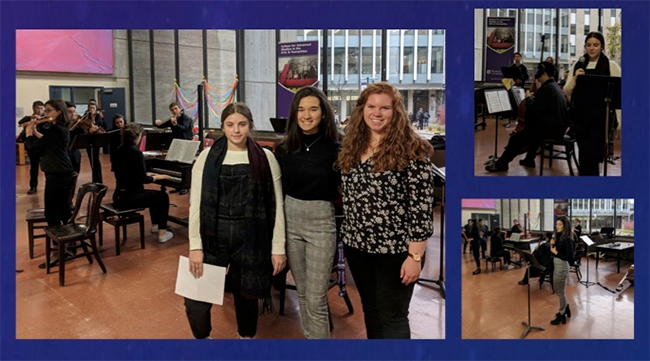 A mosaic of photos of students at a music performance