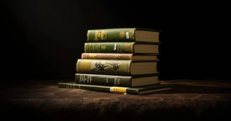 An stack of books in a darkened room