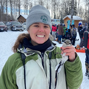Maggie MacPherson Holding a Northern Shrike at the Hilliardton Marsh Research and Education Centre; Hilliardton, Ontario