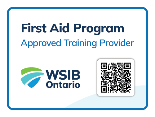 First Aid Program Approved Training Provider. WSIB Ontario Logo. QR Code to Lifesaving Society's Find an Affiliate Page.