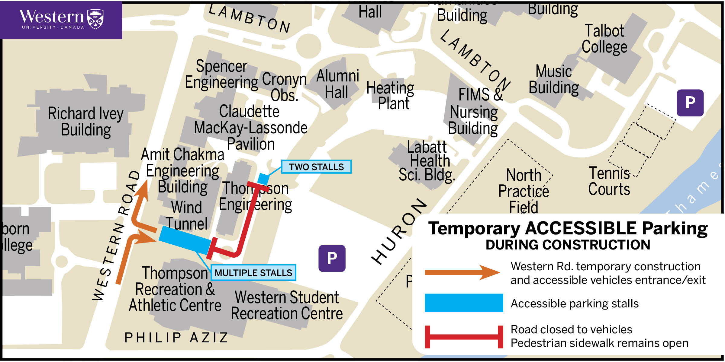 Map of accessible parking by Western Student Recreation Centre. If you require a more accessible version please reach out to communications@uwo.ca 