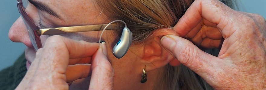 a close up of an ear with hearing aid