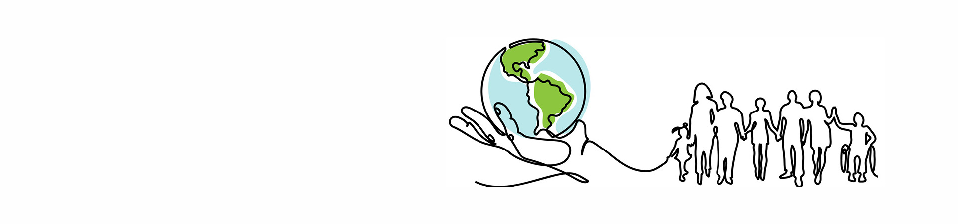 An illustration of a hand holding the Earth, and outlines of people holding hands.