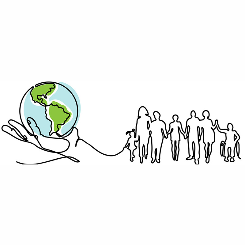 An illustration of a hand holding the Earth, and outlines of people holding hands.
