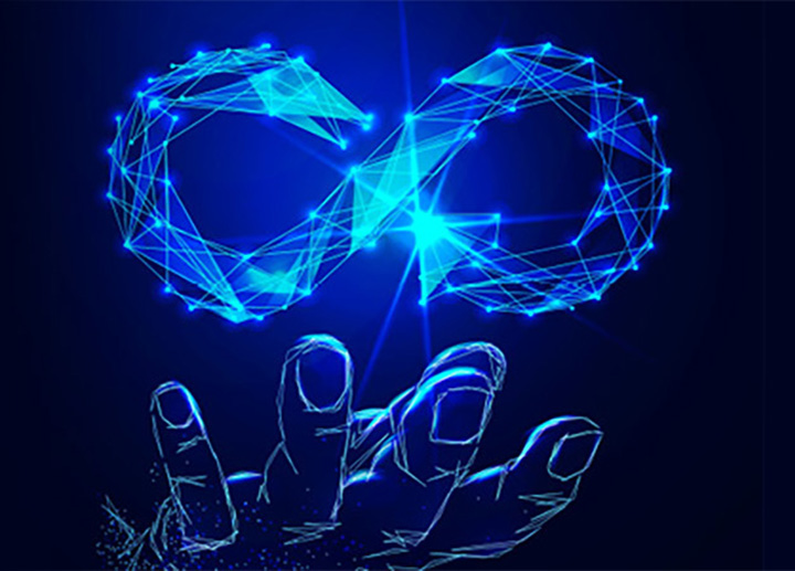 An illustration of a hand holding a floating infinity symbol.