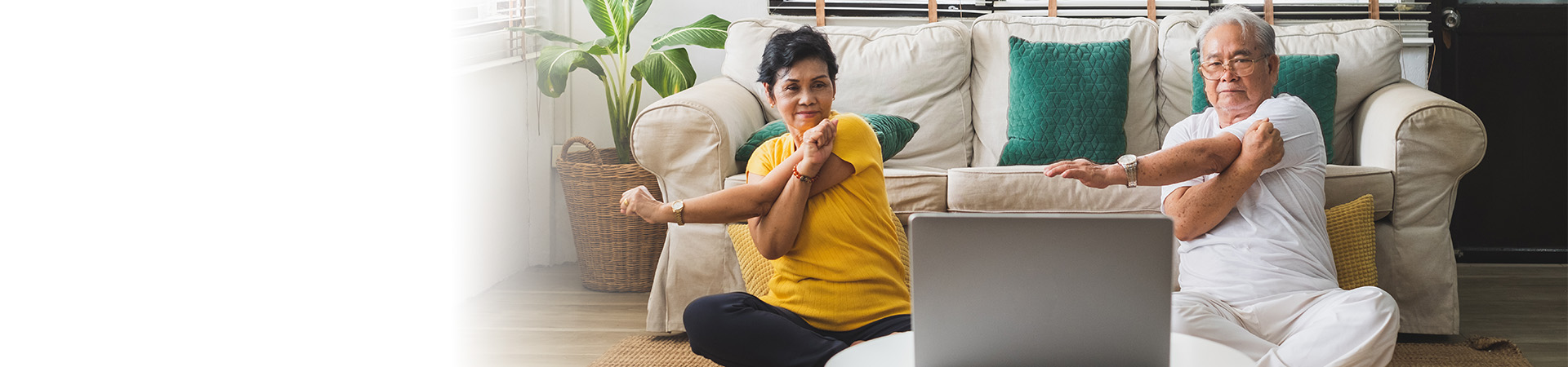 Two people sitting at a computer learning arm exercises.