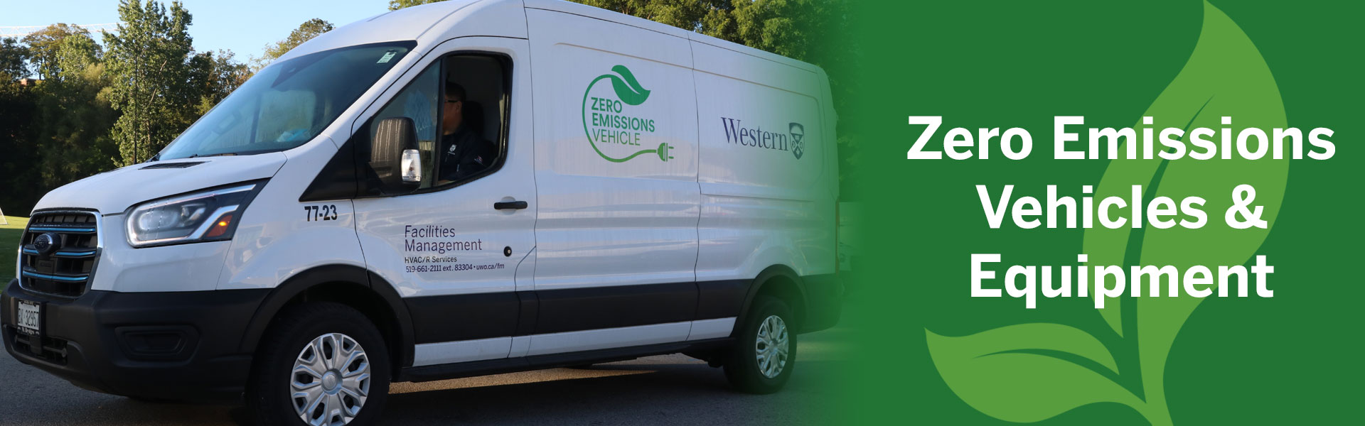 FM's newest EV vehicle is a white van with decals that read 'zero emissions vehicle'. Click to read more.