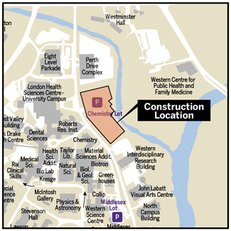 map with location outlined in orange on campus - reads "Construction Location"