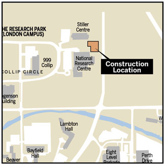 map with location outlined in orange on campus - reads "Construction Location"