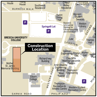 map with location outlined in orange on campus - reads "Construction Location"