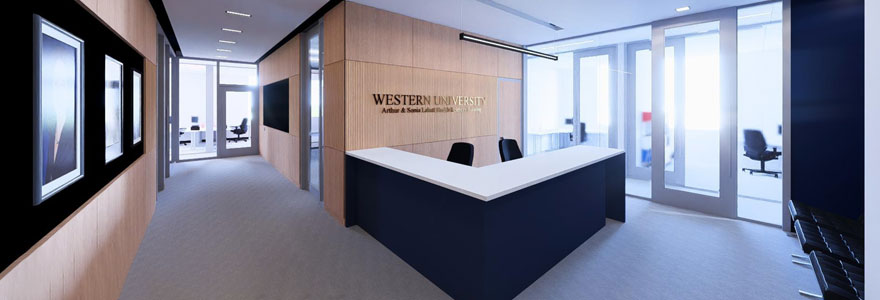 interior rendering of the the Dean's suite - focusing on the reception desk and welcome centre