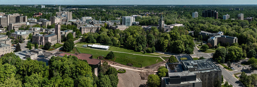 Aerial image of campus facing north west from the river