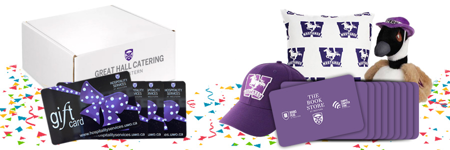 Great Hall treat box, hospitality gift card, merchandise from The Book Store and giftcards.