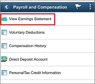  Image of Payroll and Compensation menu with View Earnings Statement highlighted.