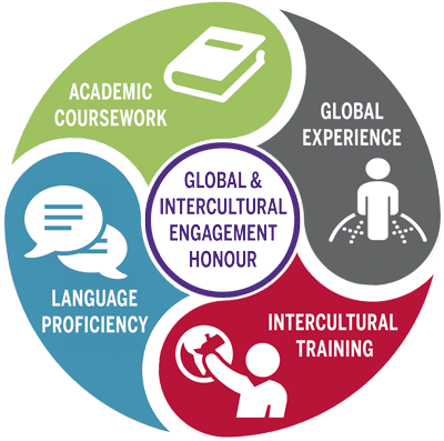 Global Honour wheel that includes all categories required. Acadmenic Coursework, Language Proficiency, Global Experience, and Intercultural training