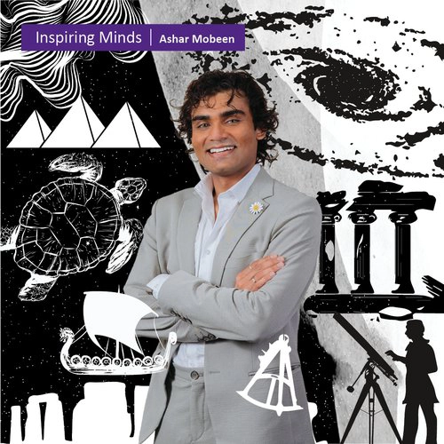 Portrait of PhD candidate Ashar Mobeen, with an illustrated background of creation stories from multiple cultures