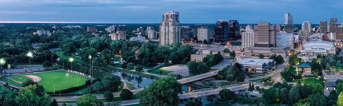 Aerial view of the Forks of the Deshkan Ziibi (Thames River) at dusk.