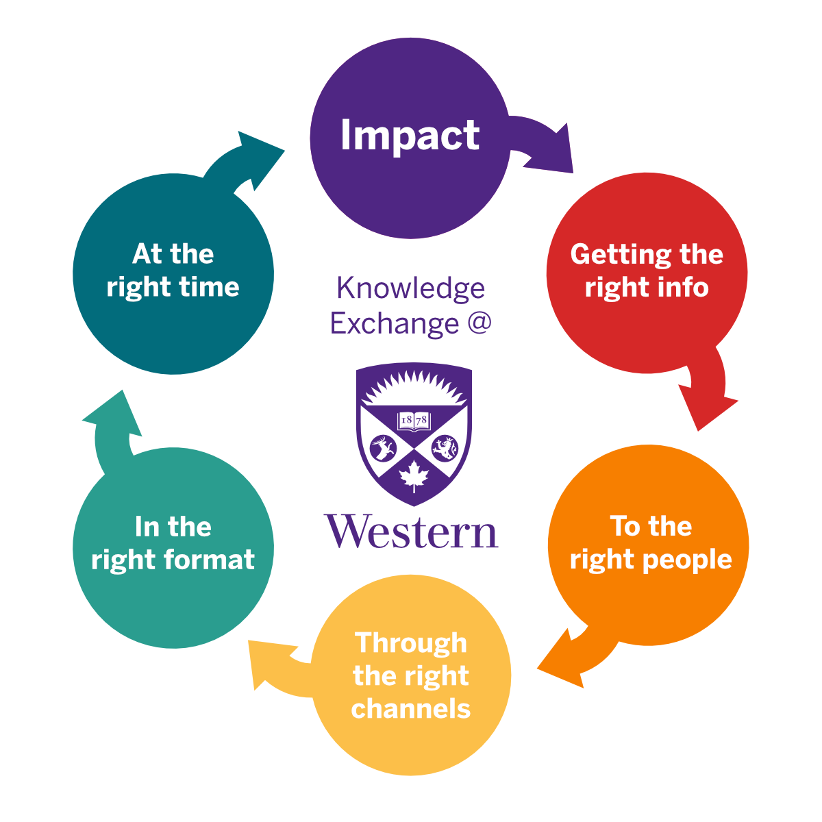 Graphic displaying the KEx-Impact cycle: Impact - Getting the right info - to the right people - through the right channels - in the right format - repeat