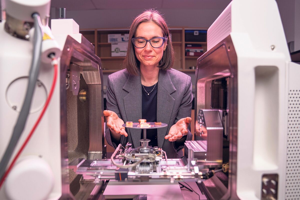 Samantha Gateman with copper samples used to examine possible corrosion in nuclear waste containers.