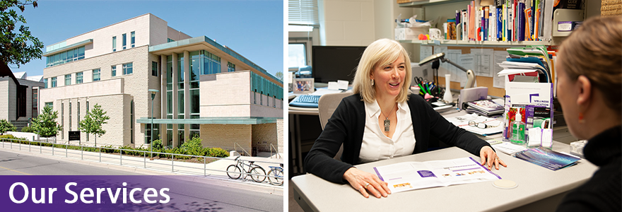 Exterior of North Campus Building and Patricia Mason talking with student