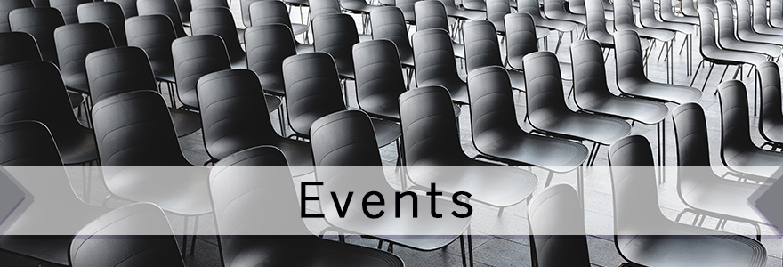 Chairs in an auditorium, text overlay: Events
