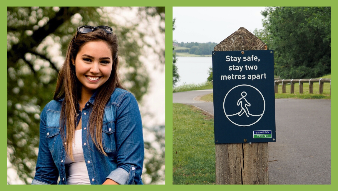 First image: a girl sitting outside, Second image: a sign on a path that explains physical distancing rules