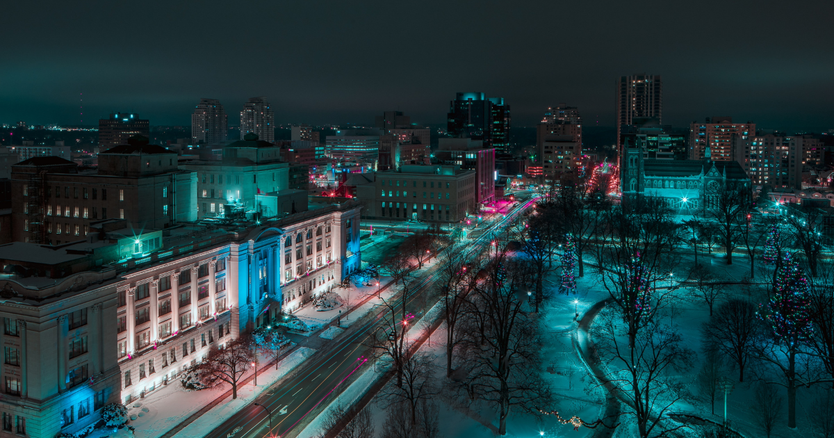 A photo of London Ontario at night during the winter