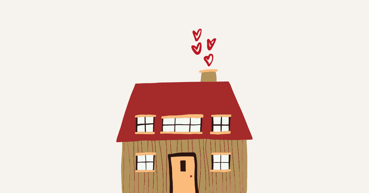 A digital illustration of a house with hearts coming out of the chimney