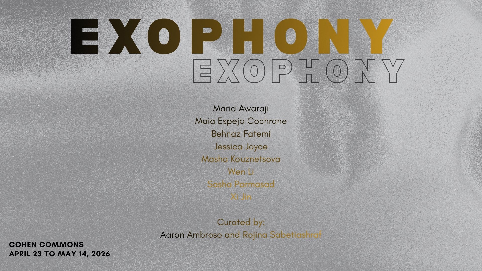 sparkling grey bg with exhibition text in front